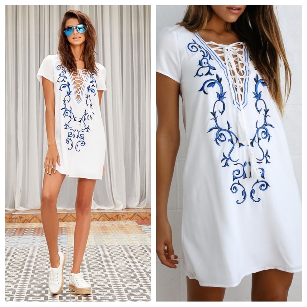 Lulus DOWN IN KOKOMO IVORY EMBROIDERED SHIFT DRESS